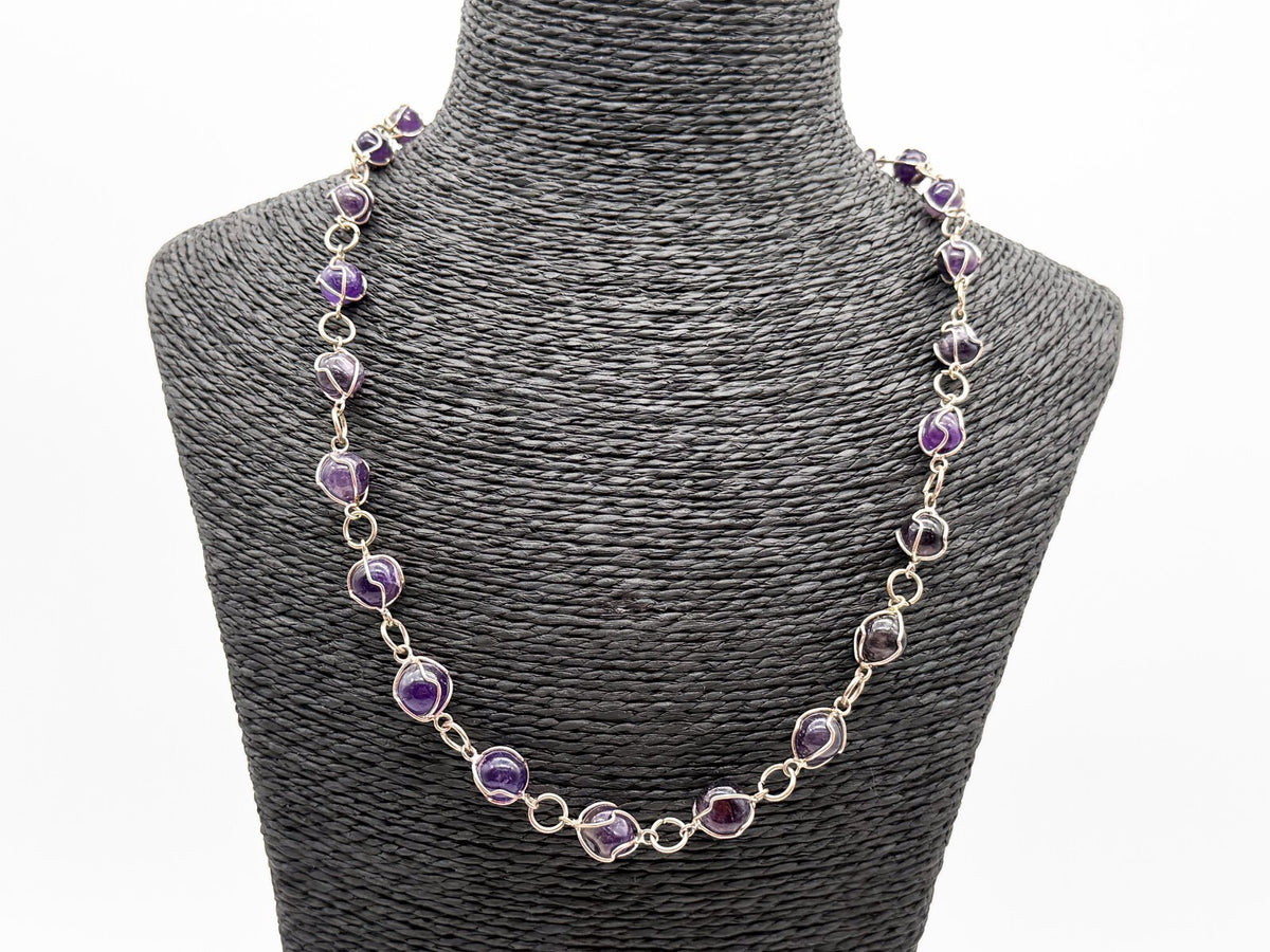 Amethyst Necklace & Bracelet Set Wire Wrapped Purple Gemstone Chain 20.5”