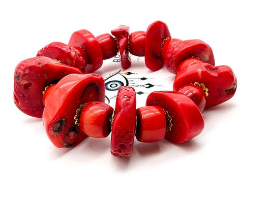 Chunky Red Coral Bracelet Elastic Stretch Statement Bracelet Gold Tone 103g