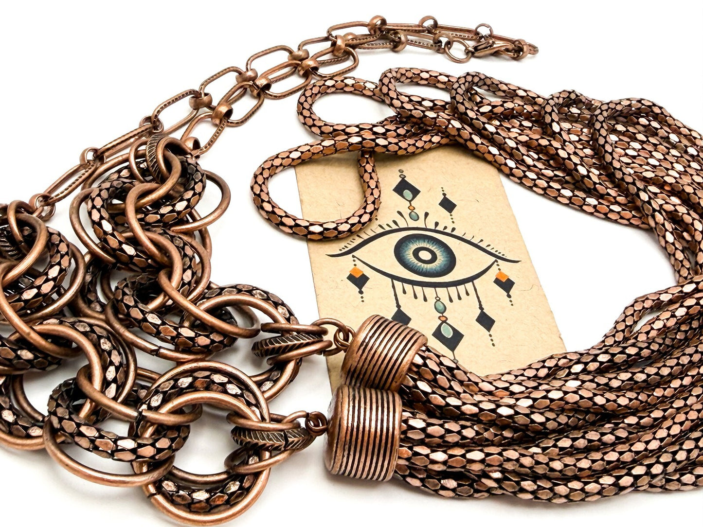 Bronze Tone Multi-Chain Statement Necklace – Paperclip & Mesh Layers, 37”