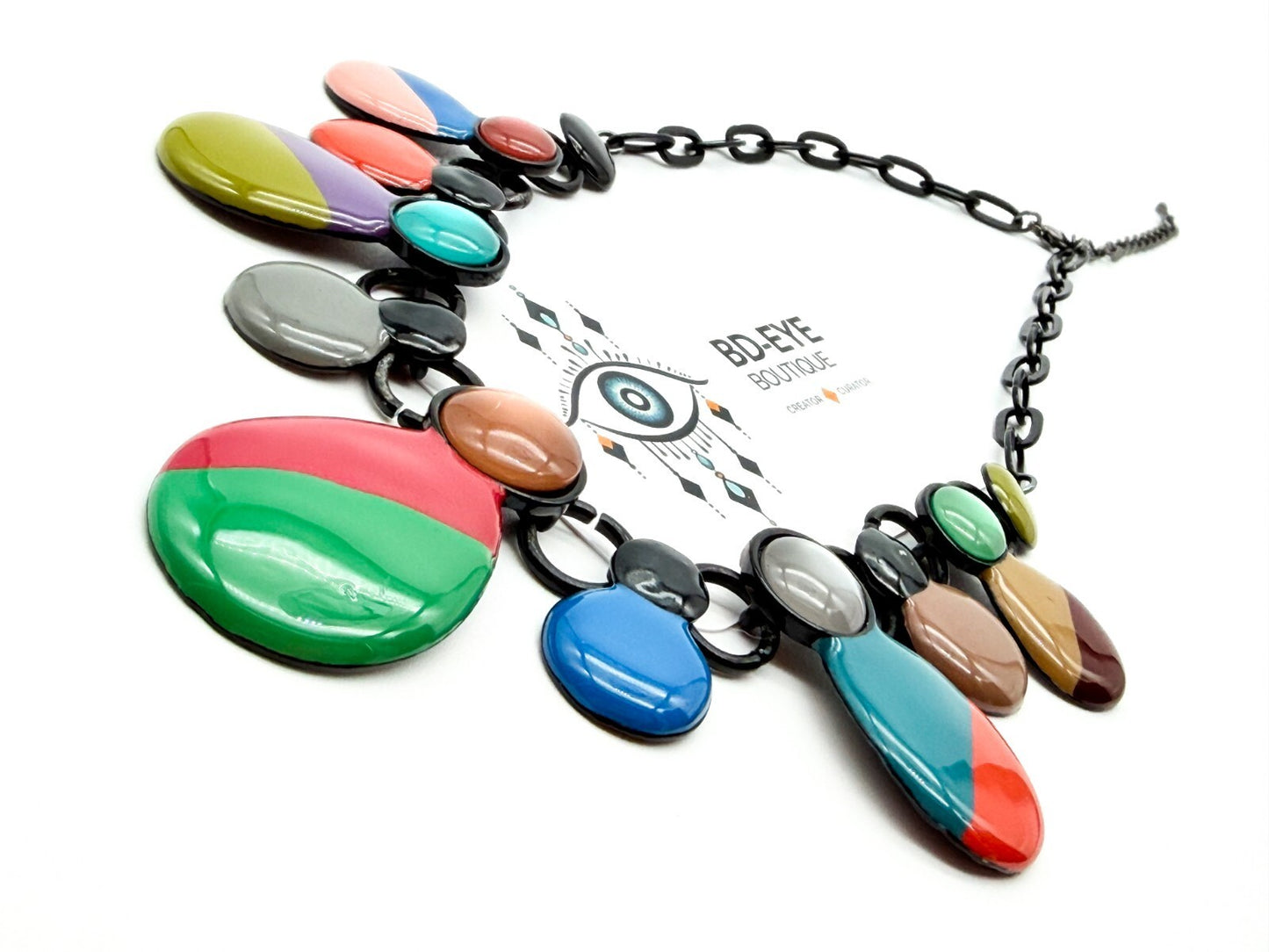 Colourful Acrylic Statement Necklace Drop Bib Black Chain Retro Style