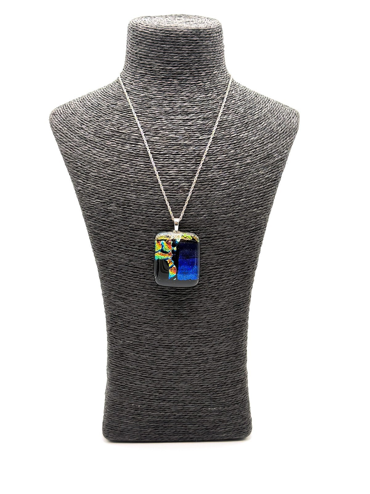 Dichroic Art Glass Pendant Necklace 925 Sterling Silver Chain Blue Iridescent