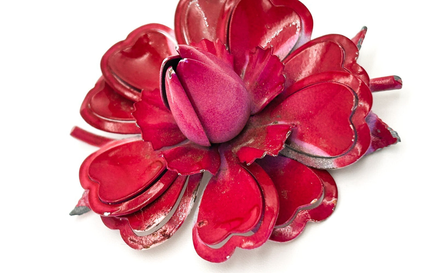 Vintage Style Hot Fuchsia Pink Flower Brooch Layered Enamel Statement Pin
