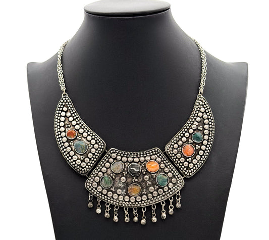 Vintage Statement Bib Necklace Set Silver Tone Ethnic Turkish Style Earrings
