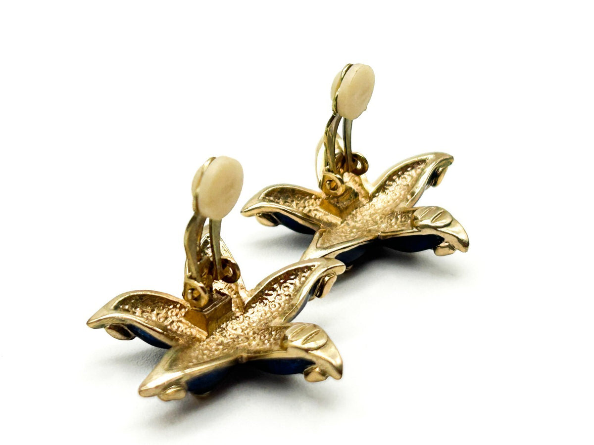 Vintage Gold Tone Cobalt Blue Enamel Starfish Earrings Clip On Retro Coastal