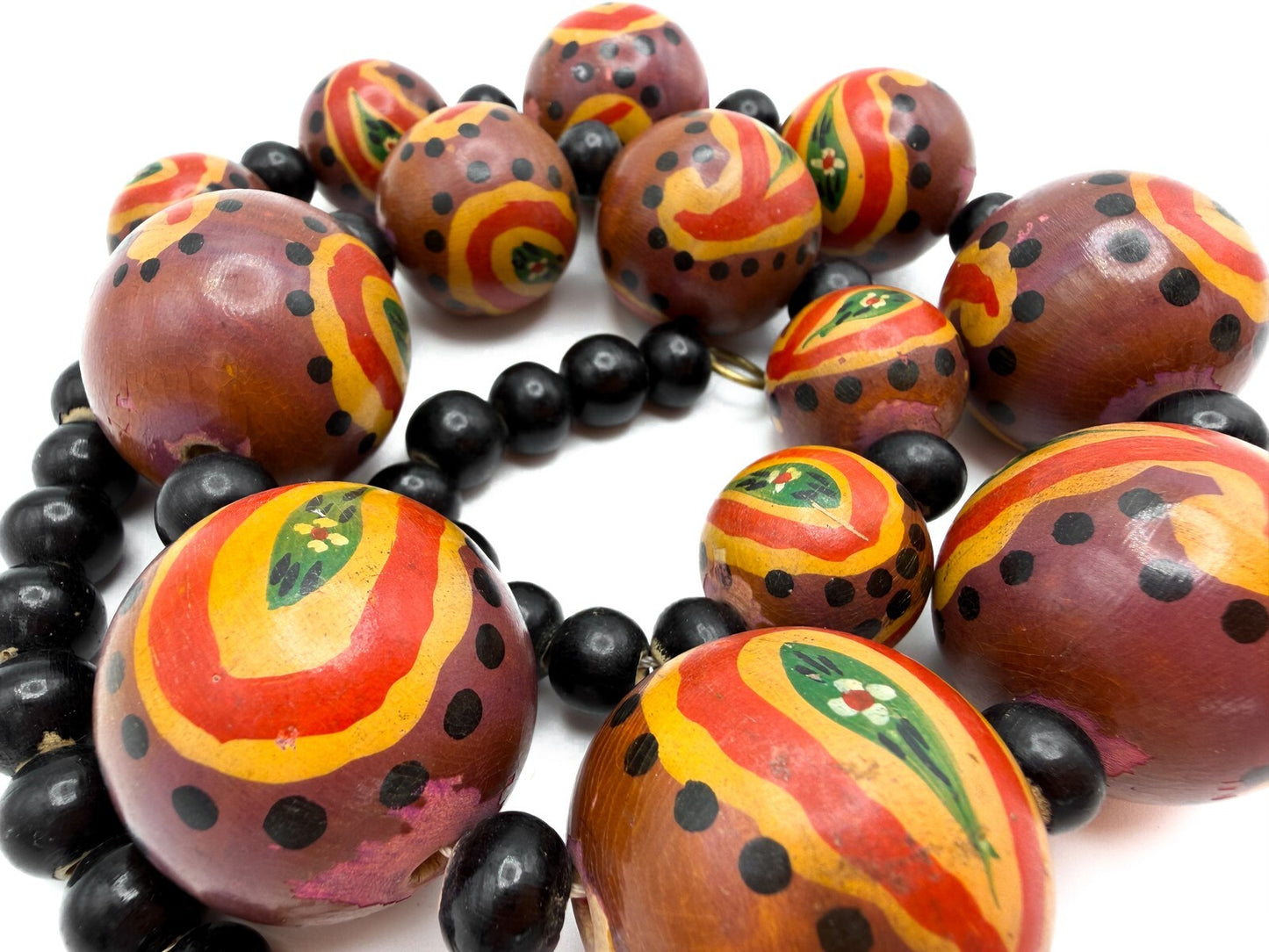 Graduated Hand-Painted Paisley Wooden Bead Necklace – Orange & Brown Tones