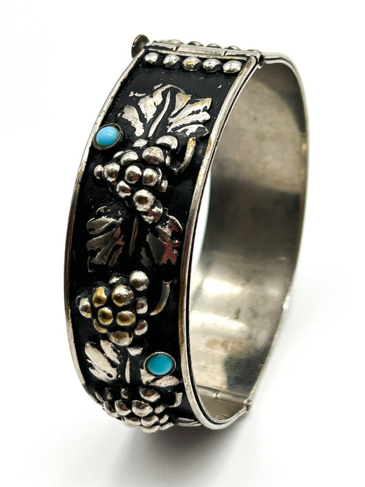 Vintage Silver Plated Grapevine Cuff Bracelet Black Japanned Bacchus Bangle