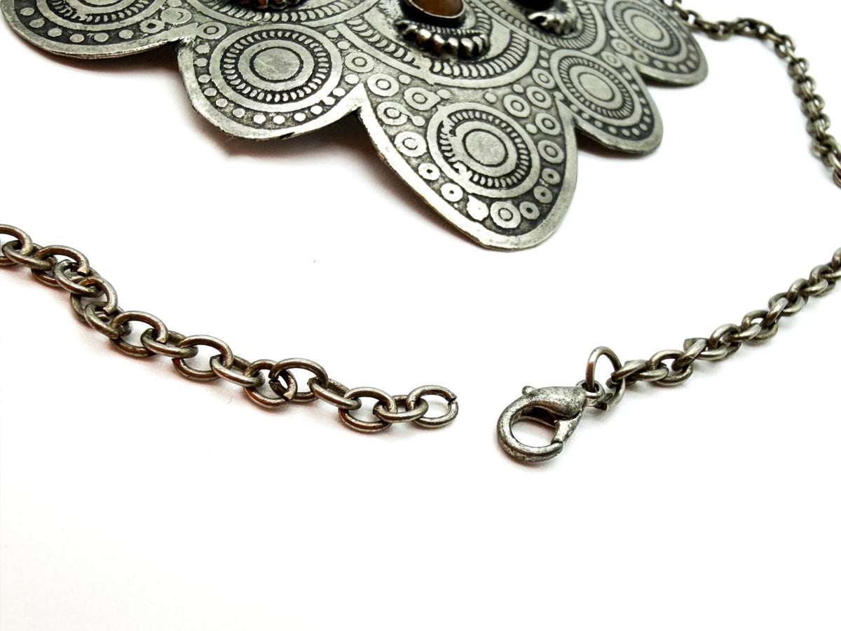 Silver Tone Ornate Ethnic Style Bib Necklace with Semi-Precious Agate Cabochons