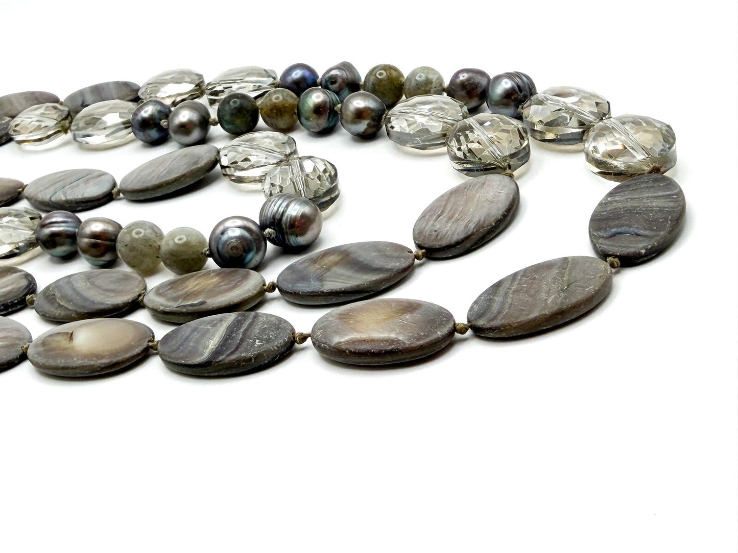 Vintage Hand-Knotted Grey Mother of Pearl, Tahitian Pearl & Glass Long Necklace