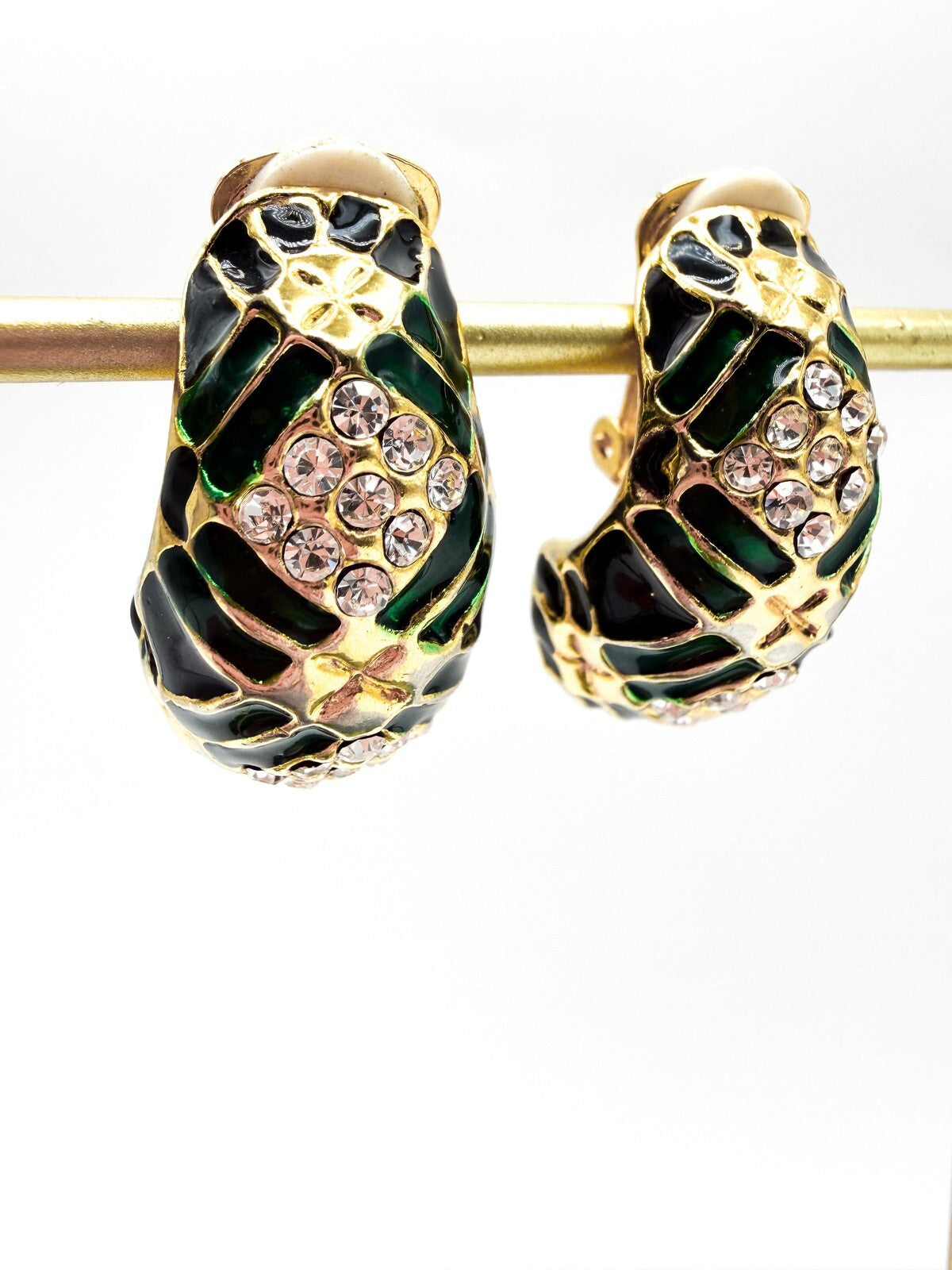 Vintage Gold Tone Green & Black Enamel Rhinestone Half Hoop Clip-On Earrings