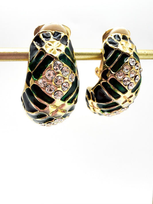 Vintage Gold Tone Green & Black Enamel Rhinestone Half Hoop Clip-On Earrings