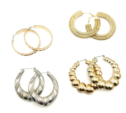 4X Bundle Vintage Oversized Lightweight Gold & Silver Tone Large Hoop Earrings