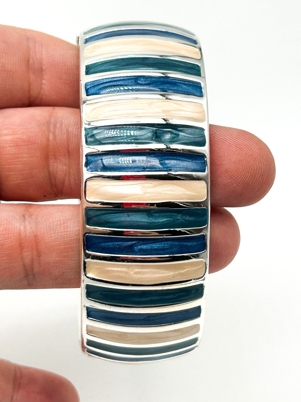 Vintage Y2K Blue Cream Enamel Clamper Chunky Bangle Silver Tone Bracelet Retro