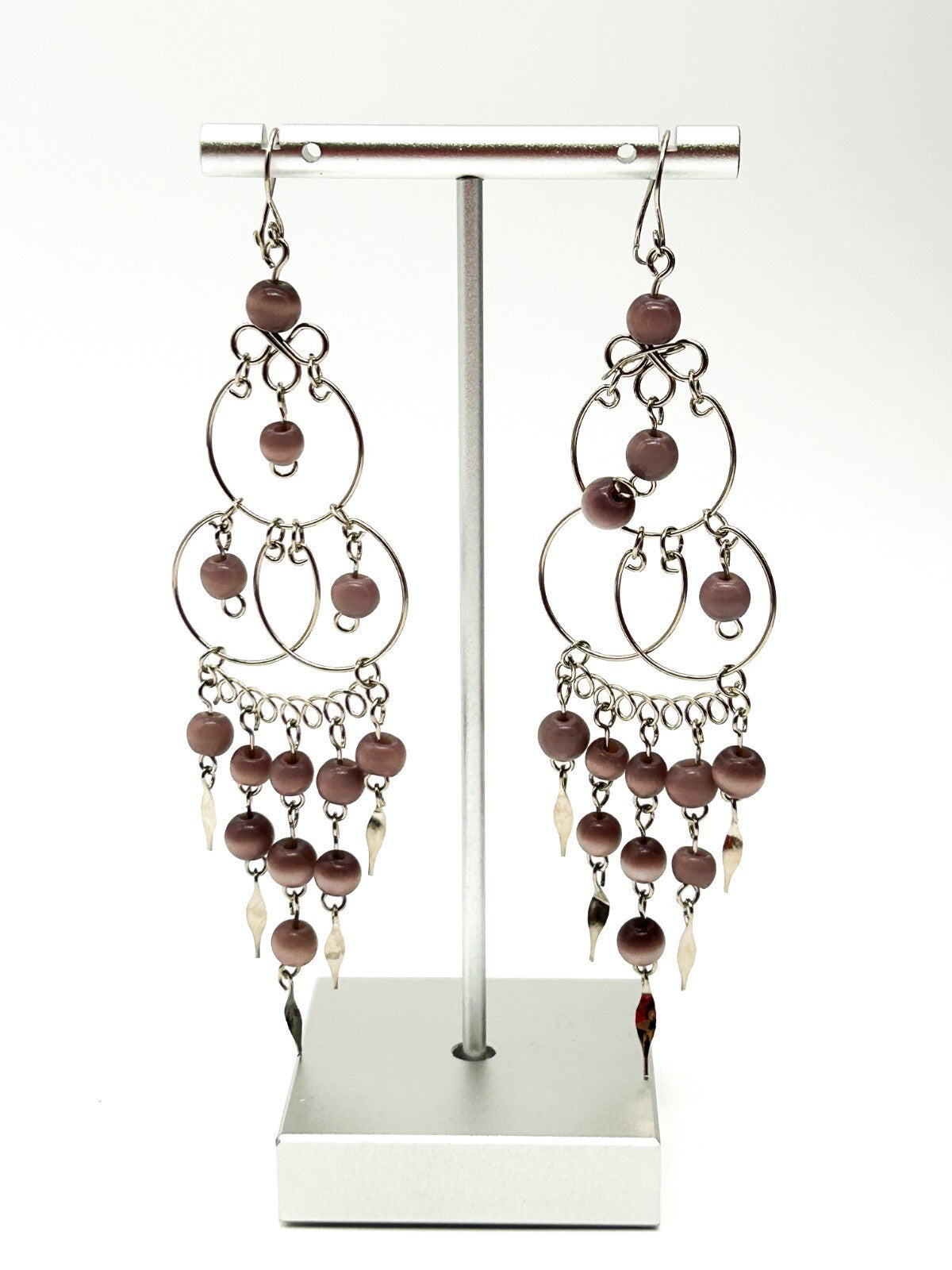 Peruvian Alpaca Necklace Earrings Set Mauve Glass Fringe Boho Chandelier Dainty