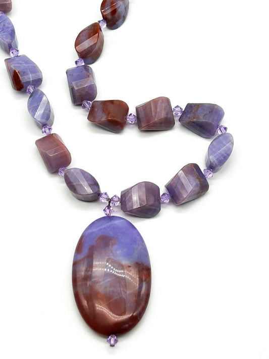 Banded Agate Pendant Necklace Violet Purple 925 Sterling Silver Toggle 18” Boho