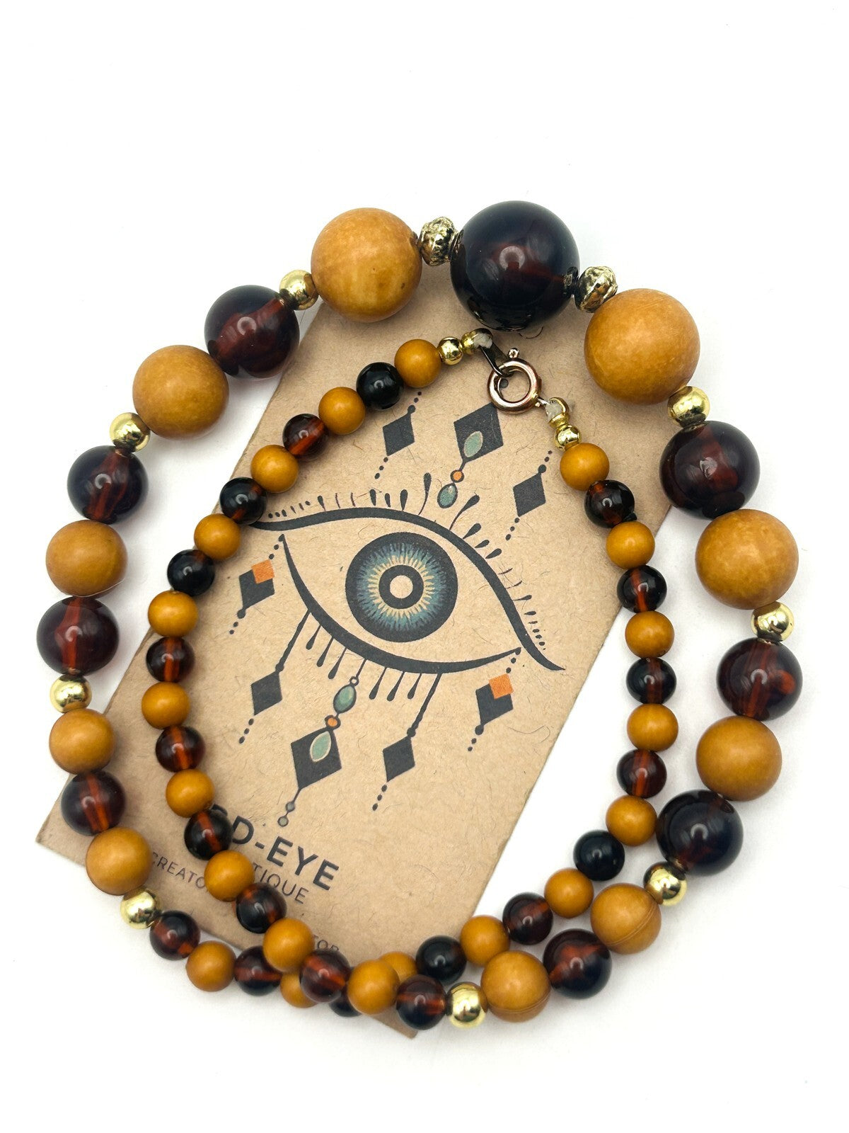 Vintage Wood and Brown Acrylic Beaded Necklace with Gold Tone Spacers 18.5”