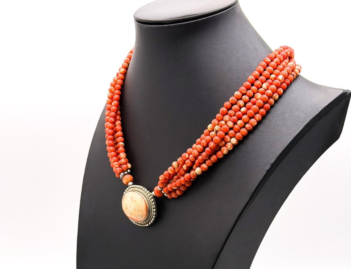 Multi Strand Red Coral Bead Necklace Ornate Oval Pendant 19 Inch Statement