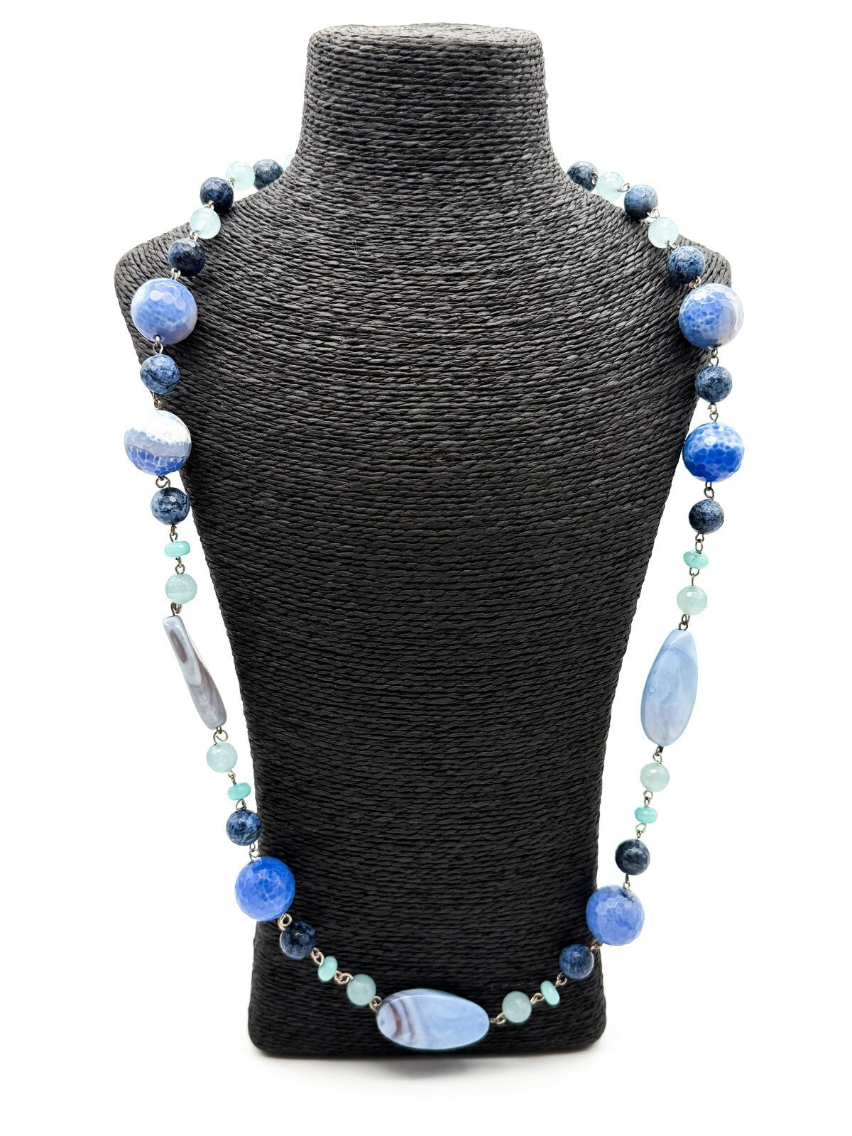 Chunky Blue Agate Beaded Necklace Bracelet Earrings Set Artisan Style
