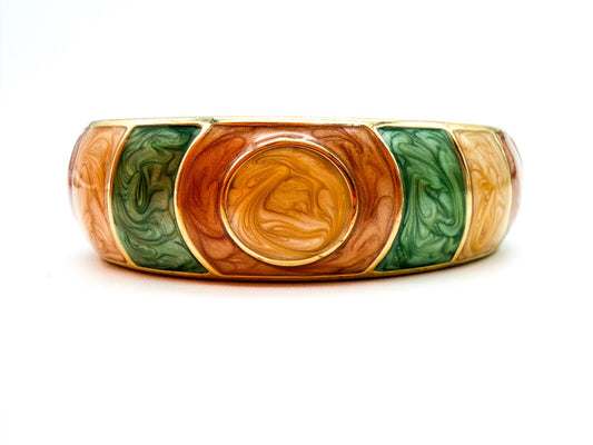 Y2K Enamel Stripe Hinged Bangle Bracelet in Green, Peach & Champagne Gold Tone