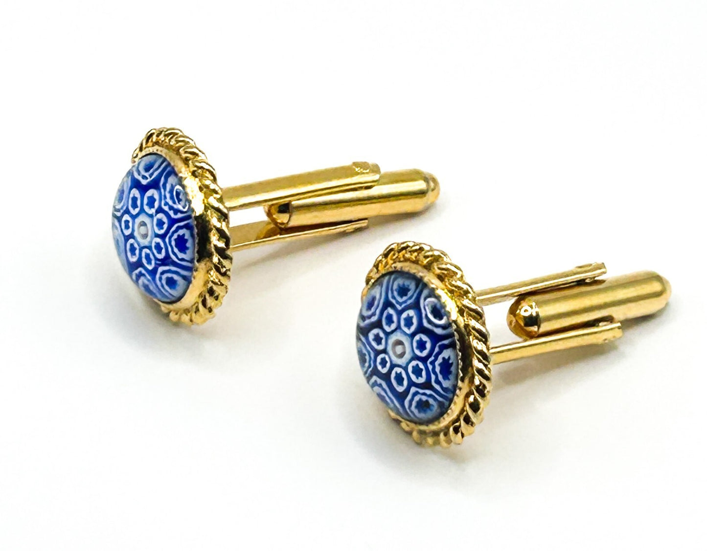 Murano Glass Cufflinks Vintage Blue White Millefiori Gold Tone Italian