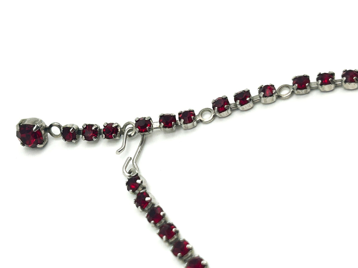 Vintage Red Rhinestone Fringe Statement Necklace Baguette Drop 14.5”