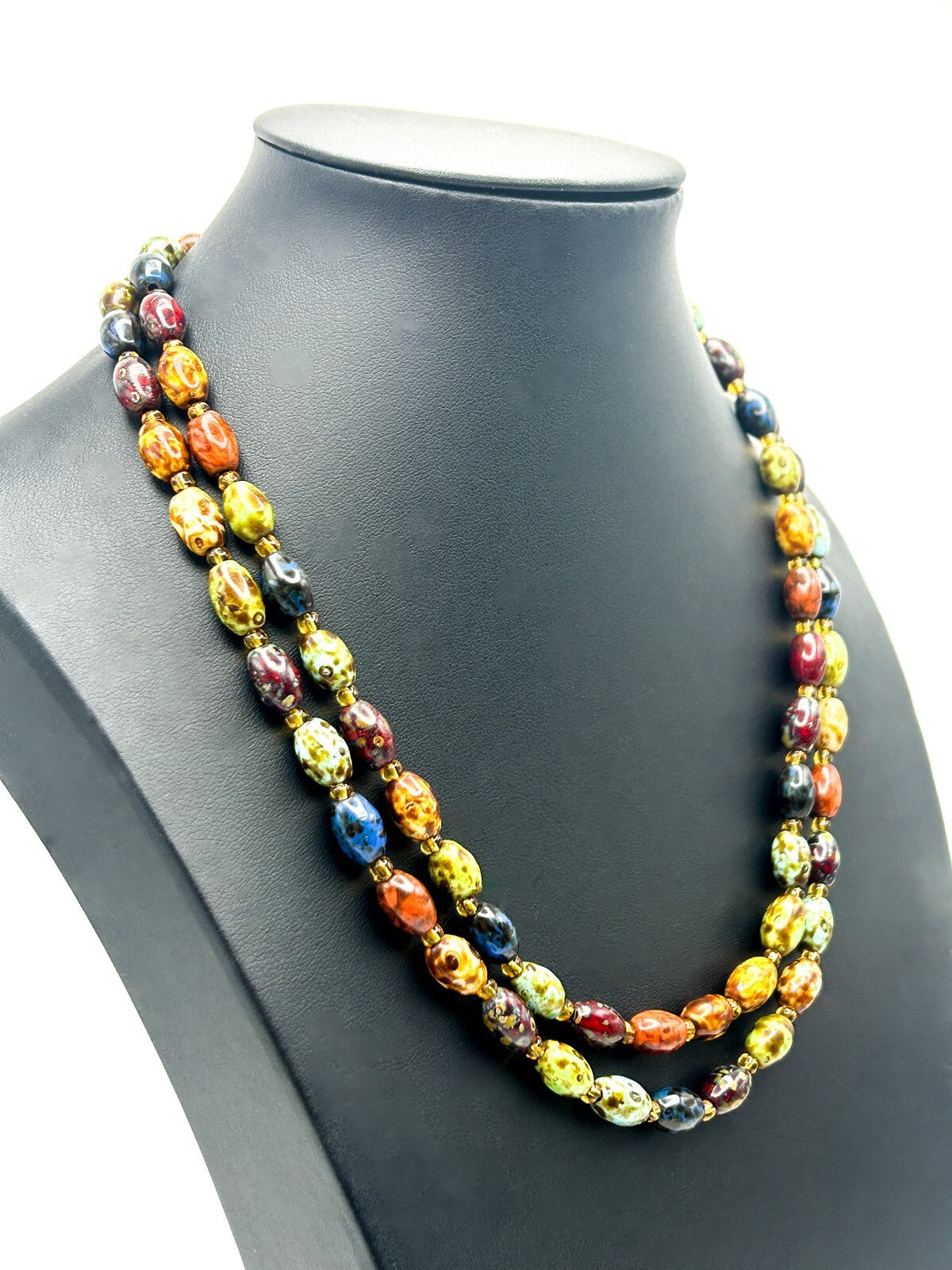 Scottish Agate Style Beaded Necklace Double Strand Mottled Glass Beads 19”