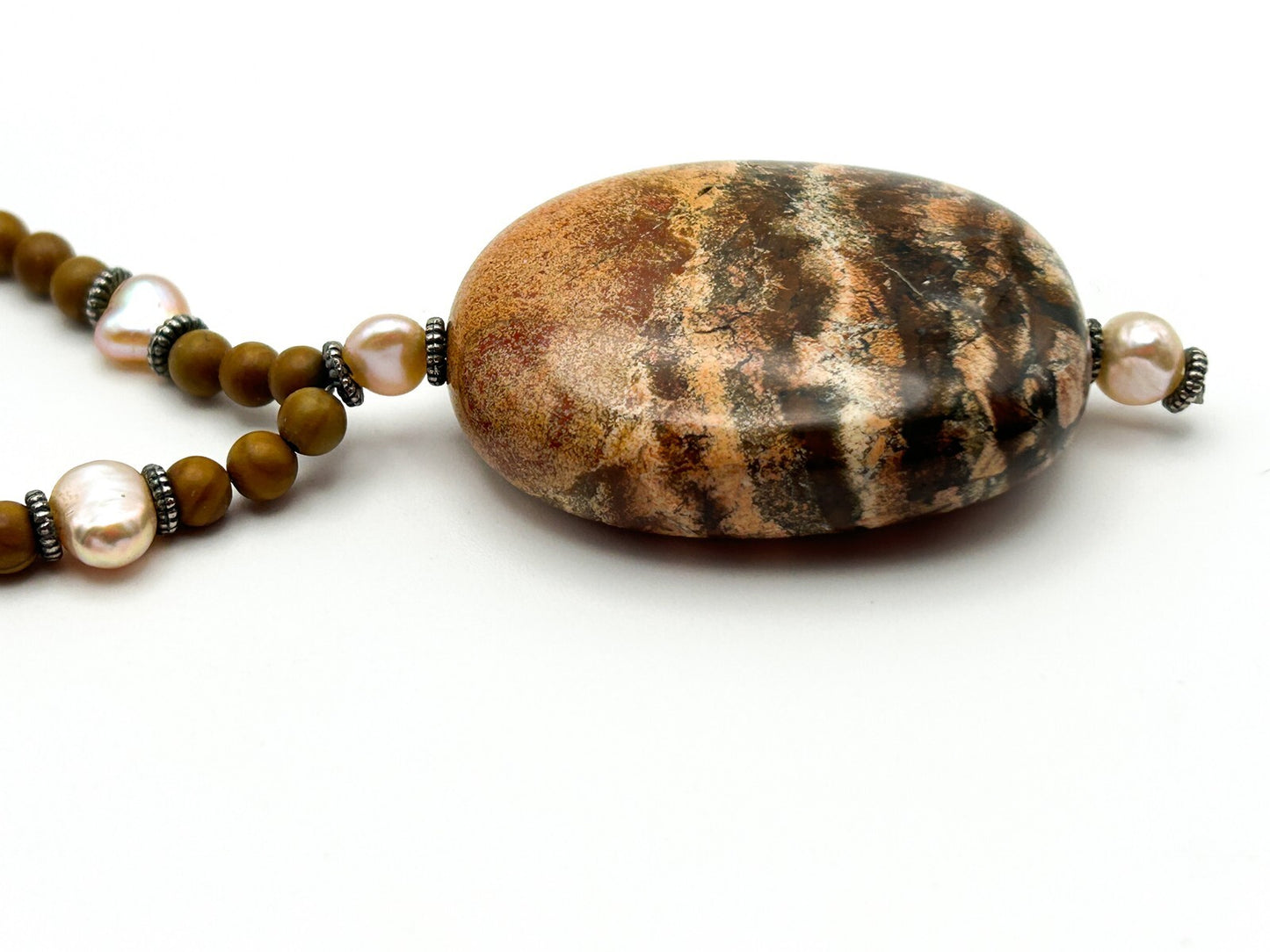 Jasper Pendant Necklace Natural Stone Brown Beaded Freshwater Pearl Earthy 19.5”
