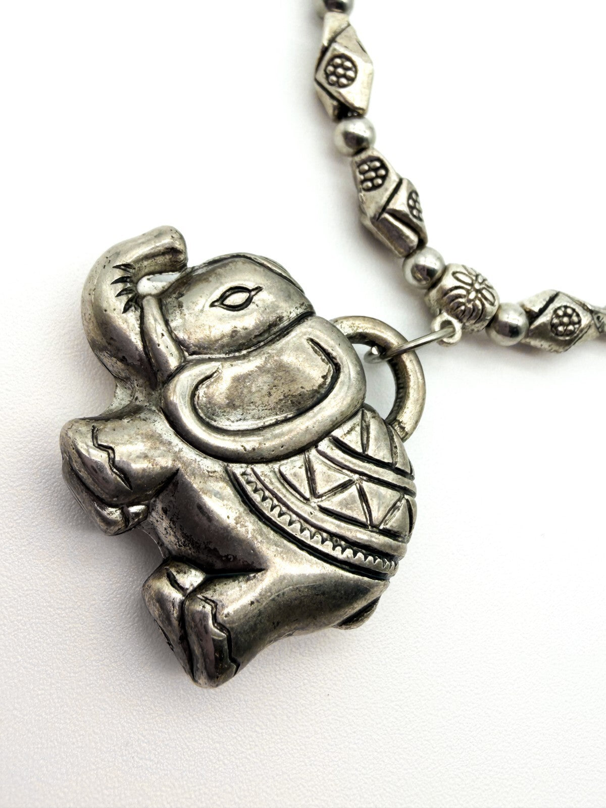Elephant Pendant Necklace Silver Tone Beaded Tribal Boho Style Animal Charm Cute