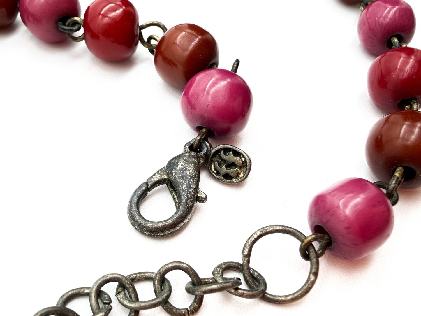 Triple Strand Pink Statement Necklace Red Disc Beads Chunky Layered 25"