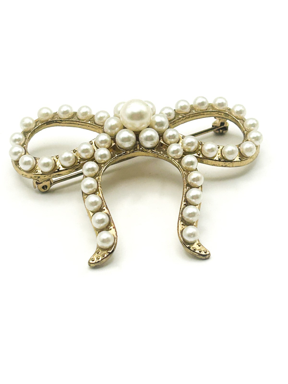 Vintage Faux Pearl Gold Tone Bow Brooch – 6cm
