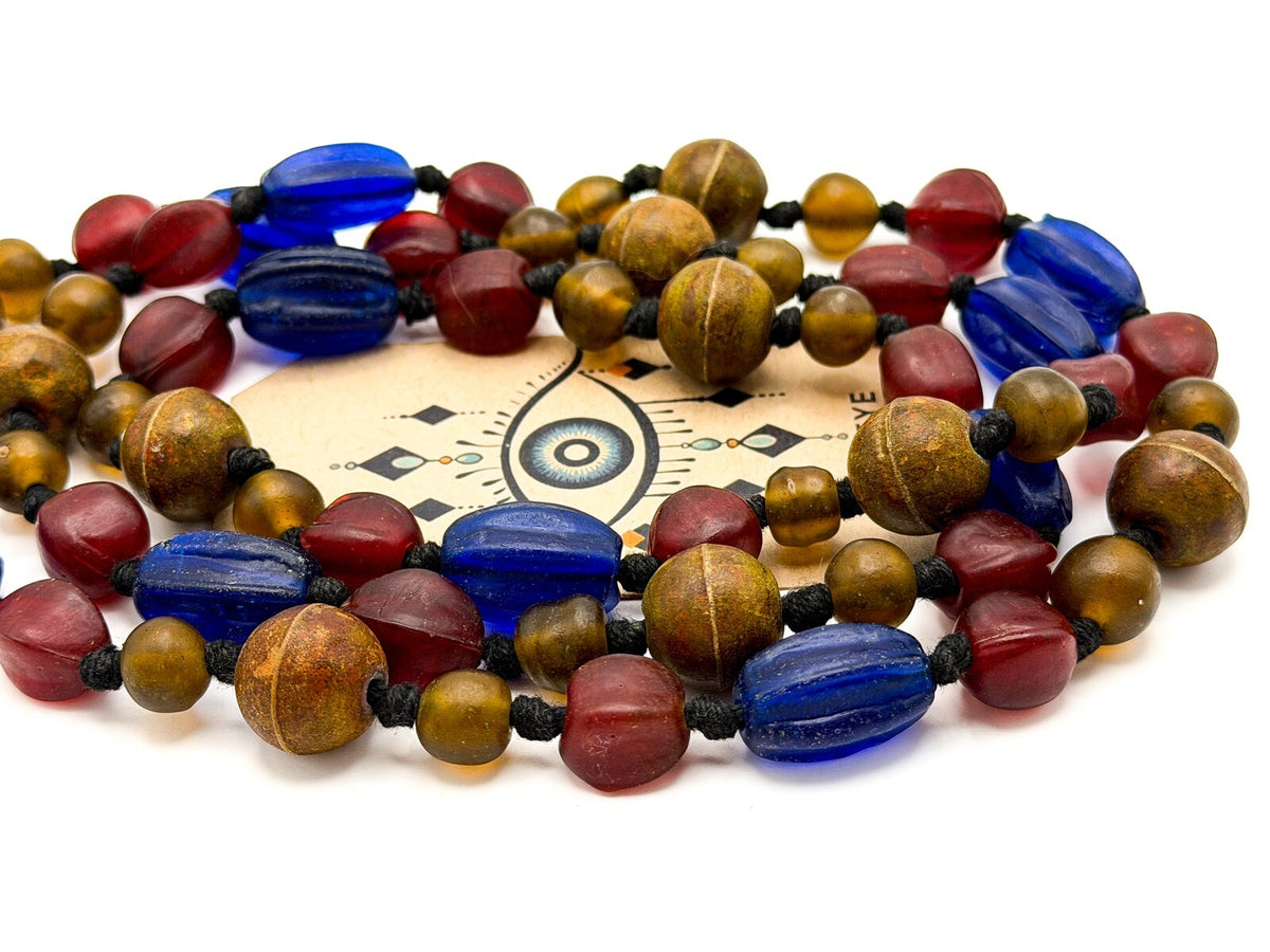 Vintage Blue, Red & Amber Frosted Glass African Trade Bead Necklace, Boho