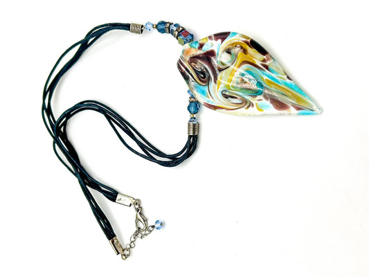 Yellow & Turquoise Art Glass Swirl Pendant Necklace on Cord