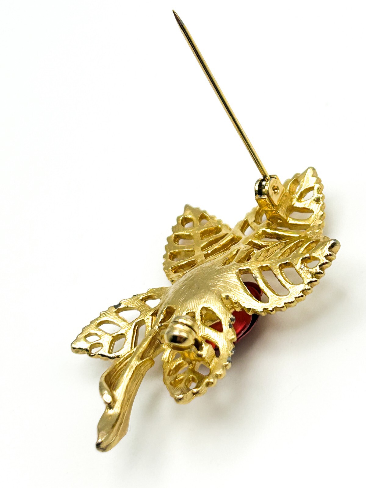 Gold Tone Red Enamel Rose Brooch with Openwork Leaf Design