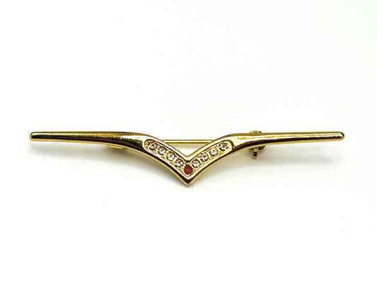 Vintage Gold V Shape Bar Brooch with Pink Topaz and Glass