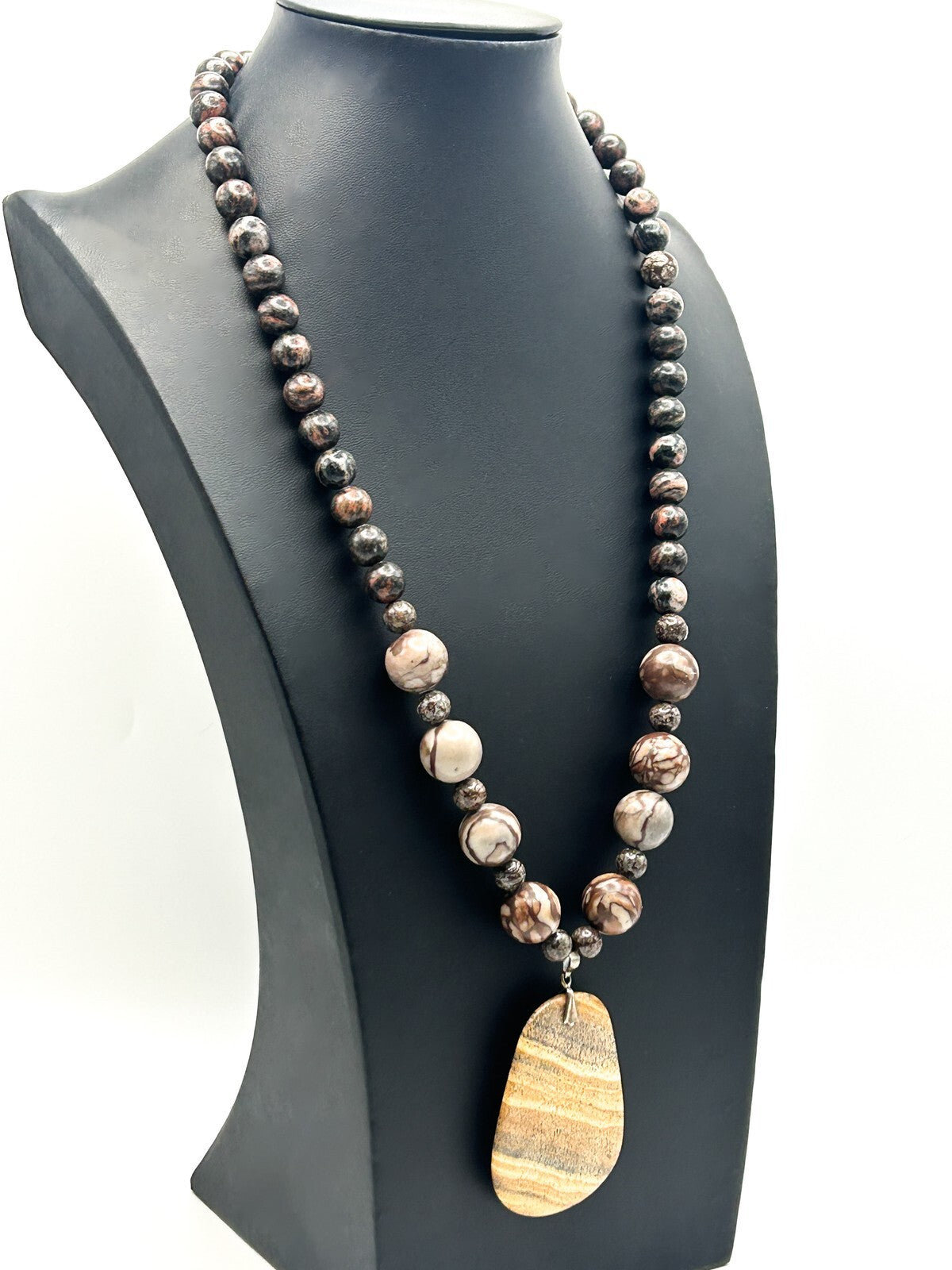 Picture Jasper Pendant Necklace – 925 Sterling Silver Bale – 26” Gemstone Boho