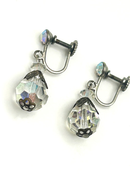 Vintage AB Crystal Glass Drop Earrings – Silver Tone Screw Back