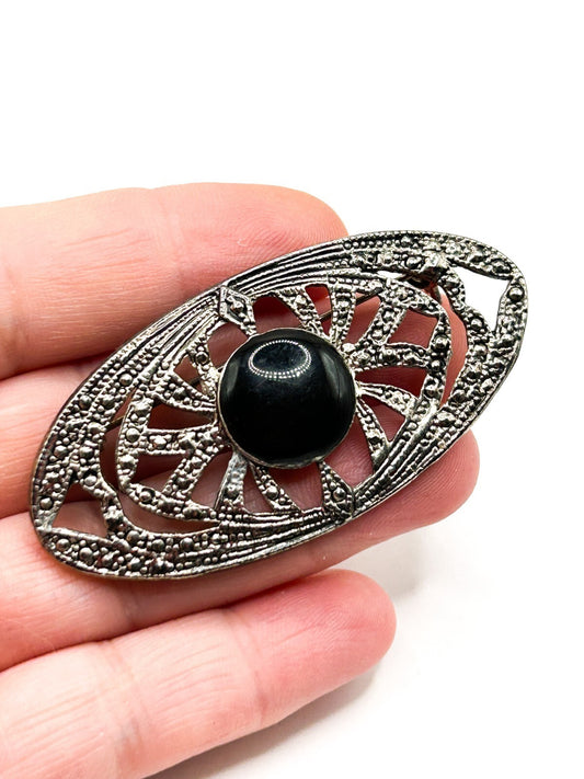 Vintage Art Deco Style Black Cabochon Brooch Silver Tone Openwork Oval