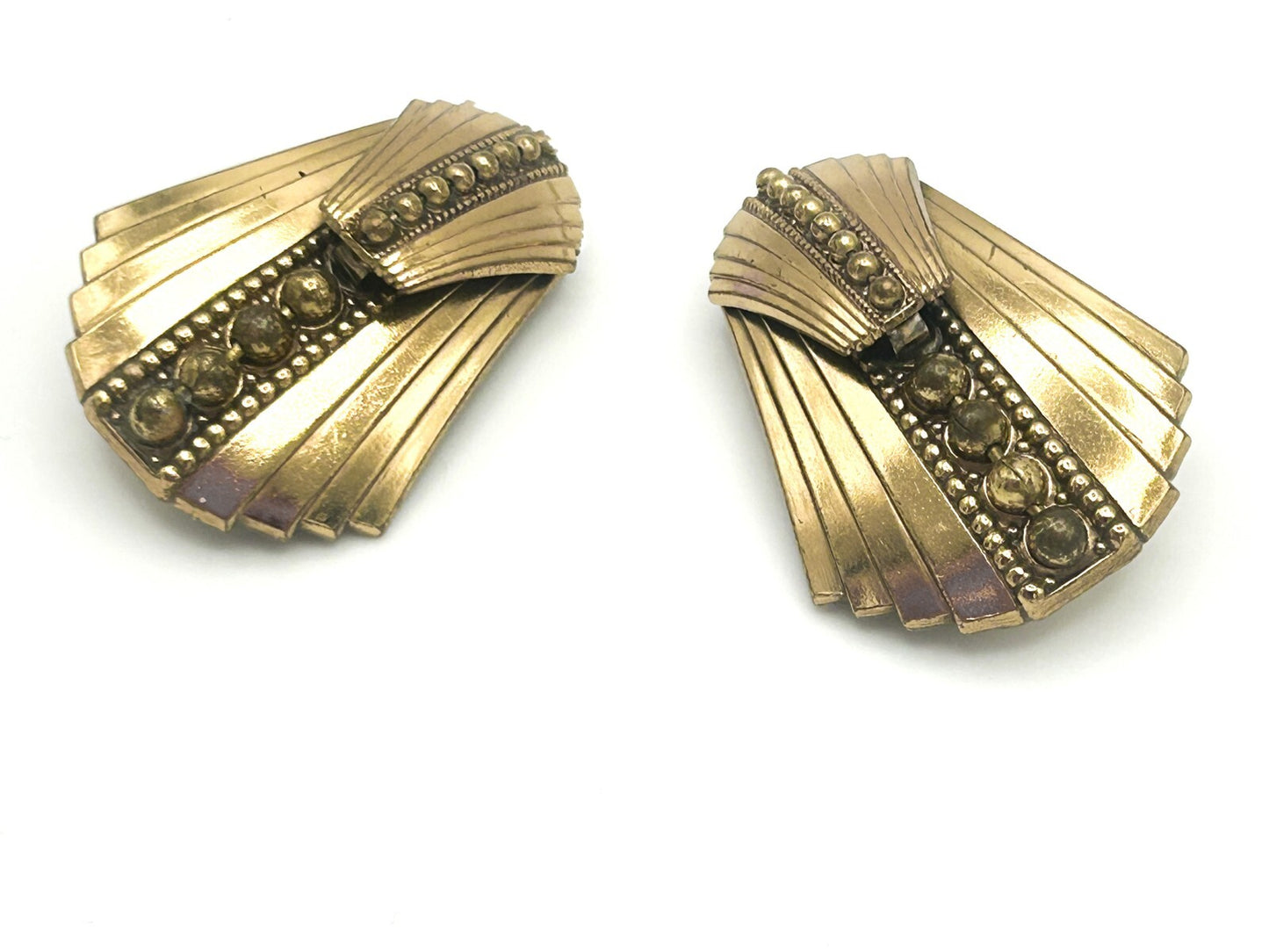 Signed ERMANI BULATTI Gold Tone Art Deco Style Fan Clip Earrings 1980s Vintage