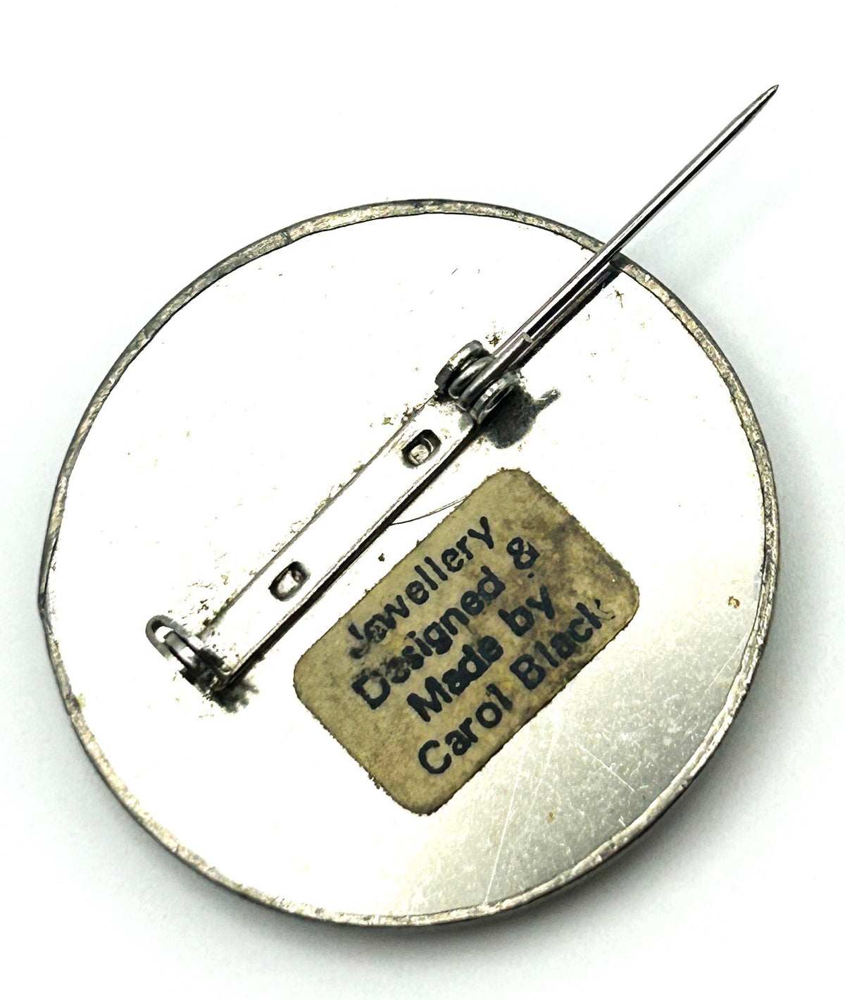 Carol Black Brooch Ceramic Centre Silver Tone Round Artisan Pin