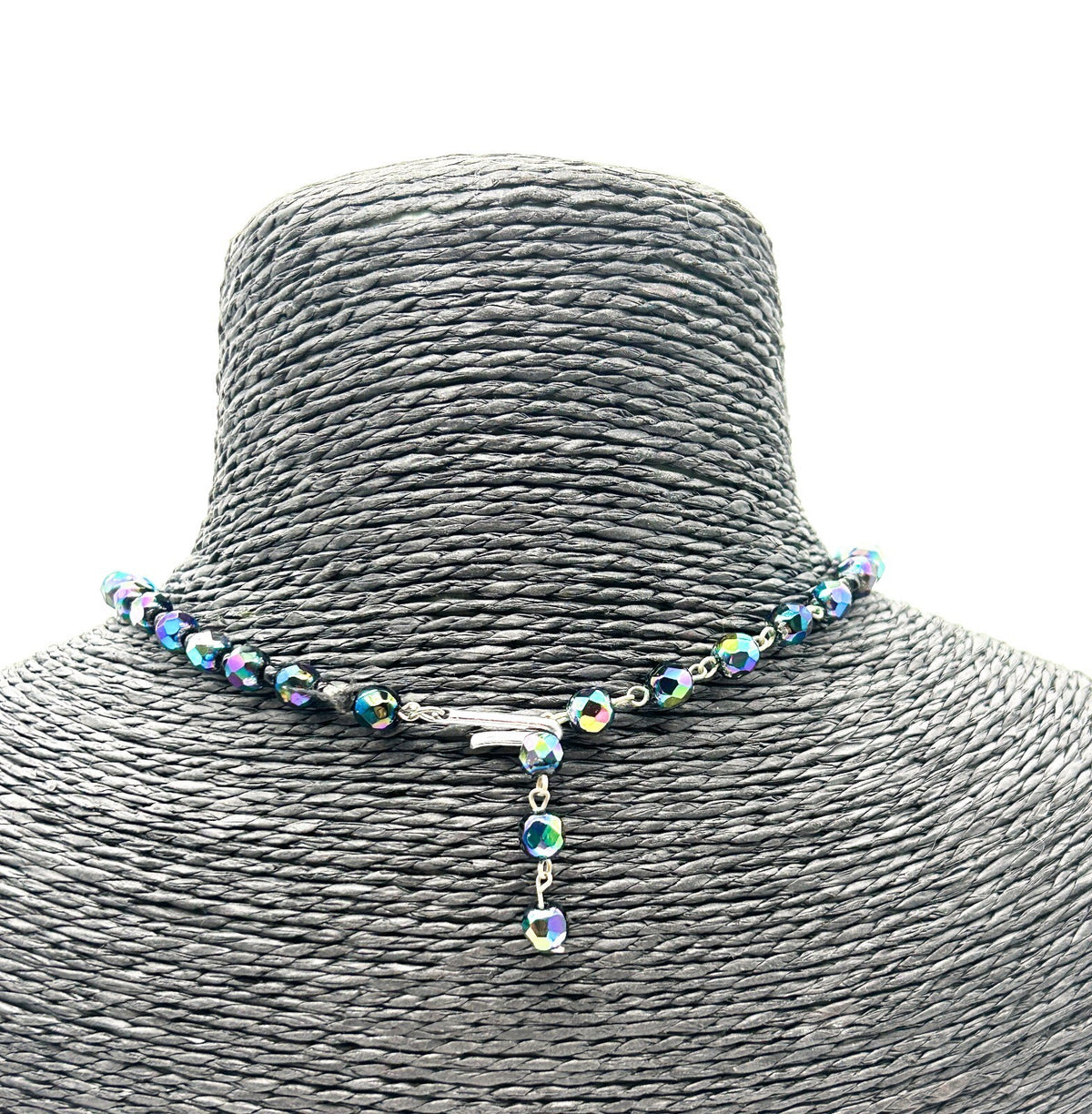 Vintage Aurora Borealis Peacock Glass Choker Necklace Rainbow Faceted Retro AB