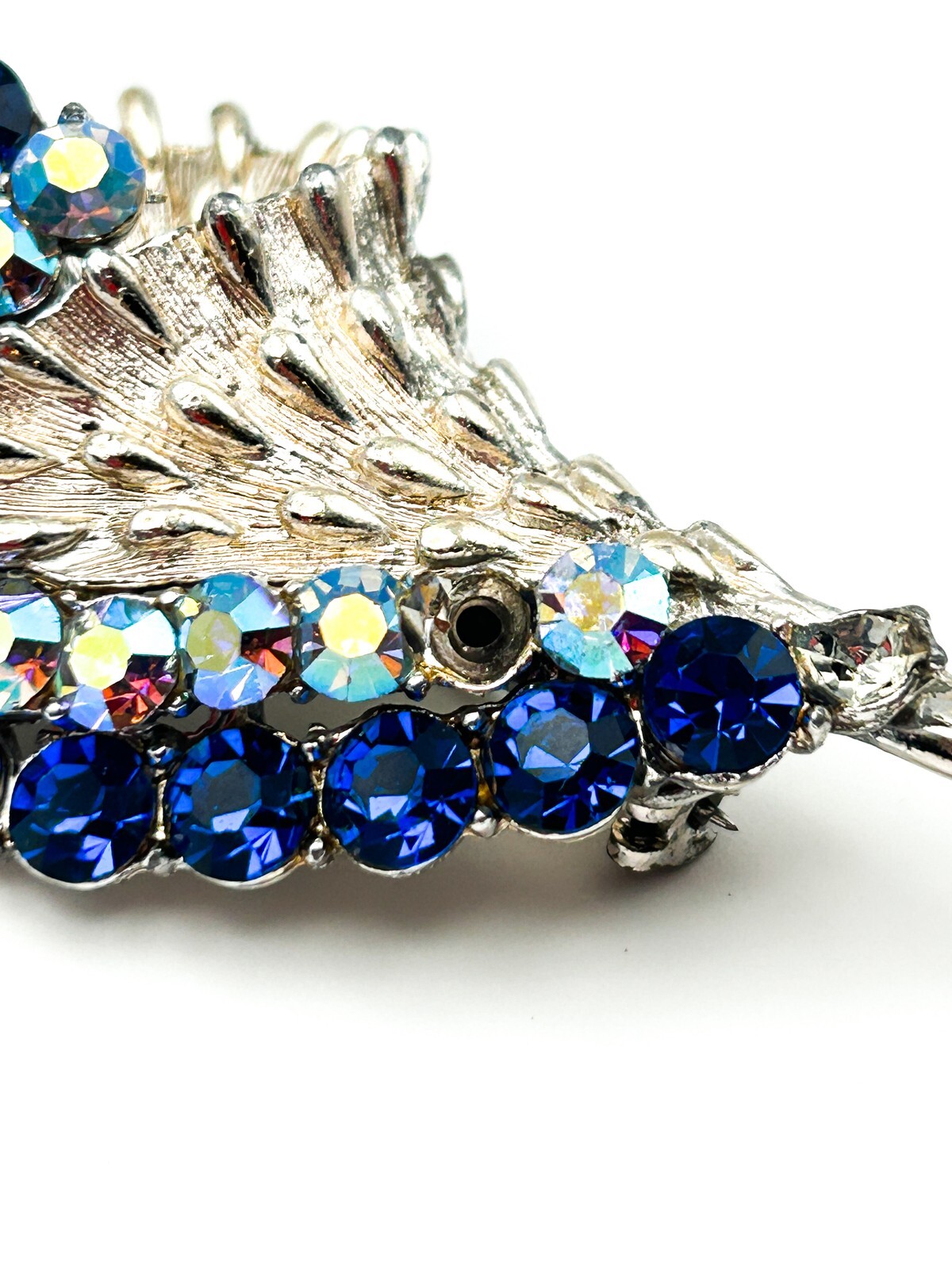 Vintage Style Blue Rhinestone Floral Spray Brooch Silver Tone Flower Statement