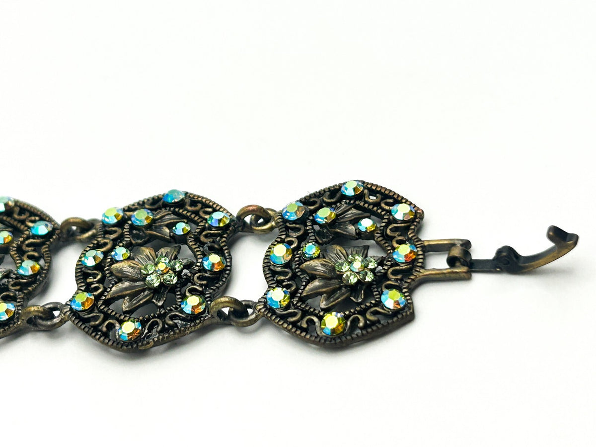 Vintage Filigree Panel Bracelet AB Rhinestone Floral Articulated 17cm