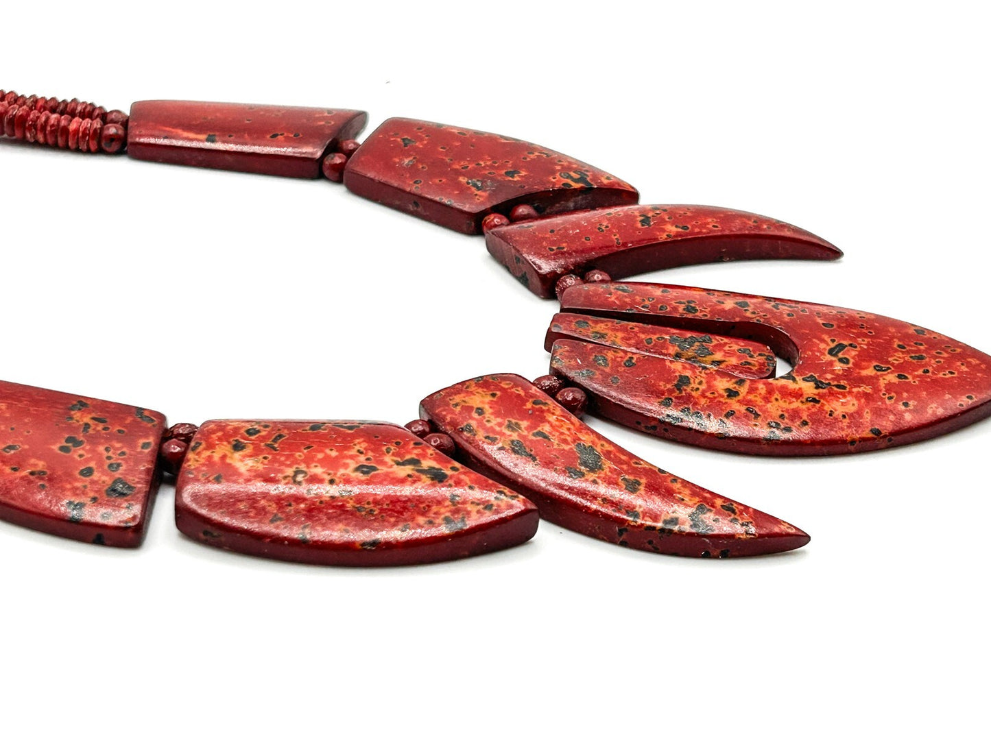 Chunky Deep Red Mottled Speckled Panel Tribal-inspired Statement Necklace - Boho