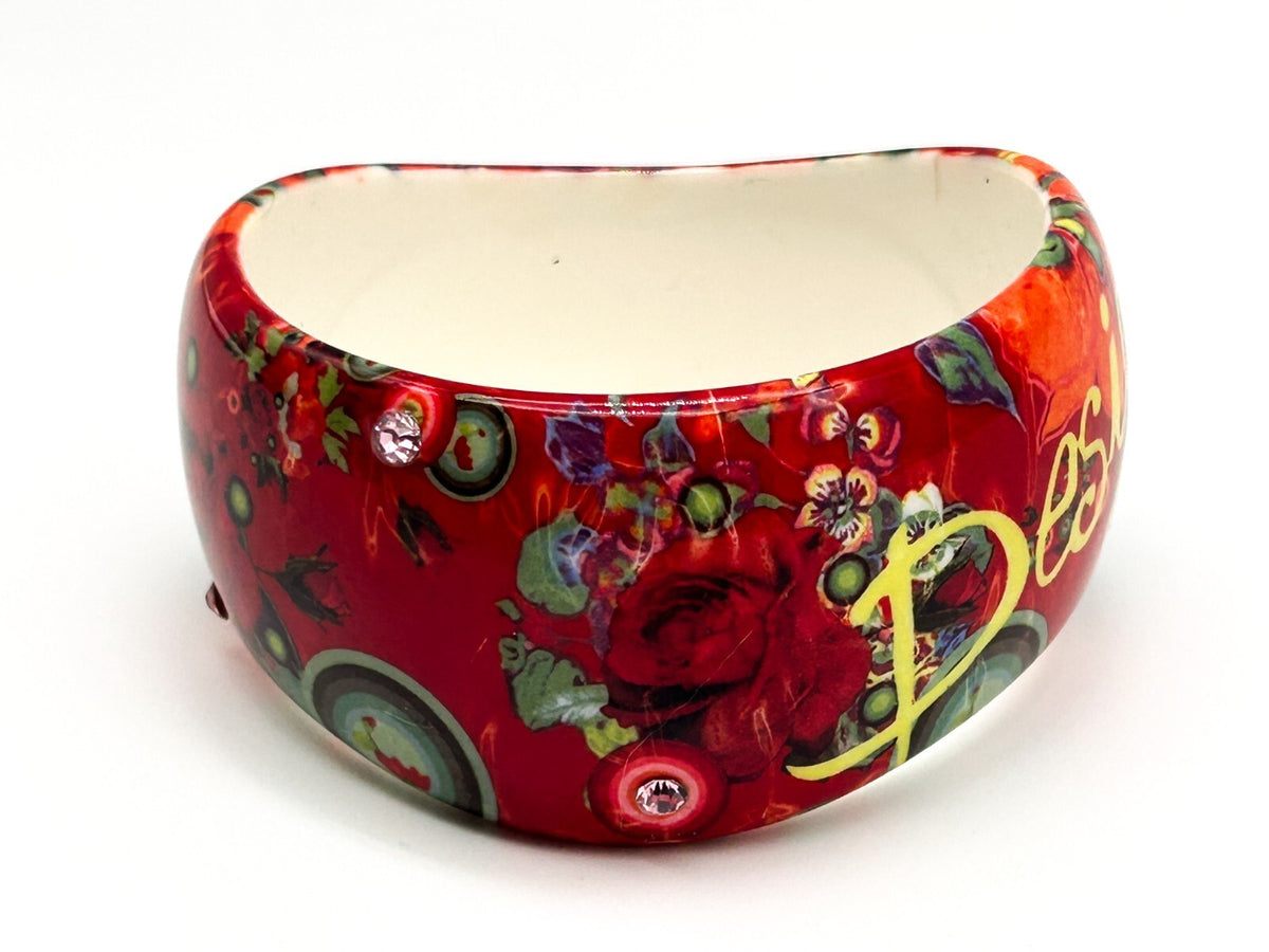 Desigual Floral Acrylic Bangle Red Orange Rhinestone Wavy Statement Bracelet