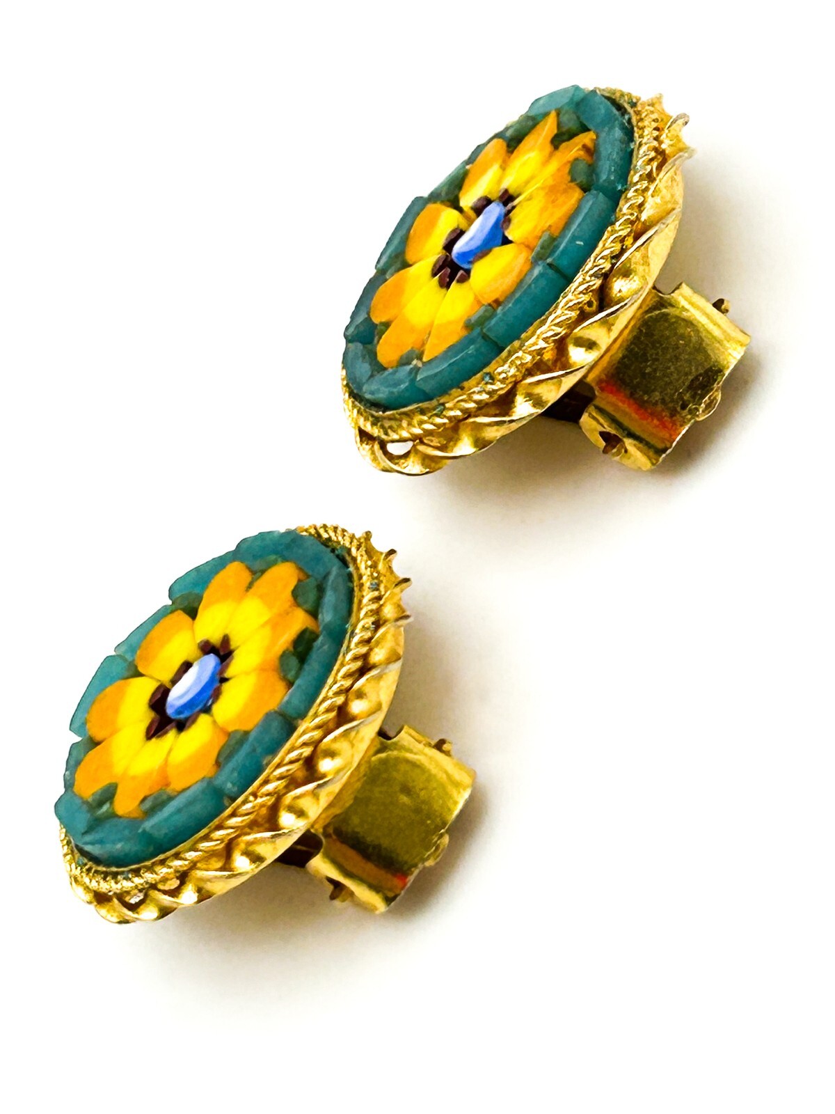 Italian Micro Mosaic Floral Clip-On Earrings with Yellow Daisy Design