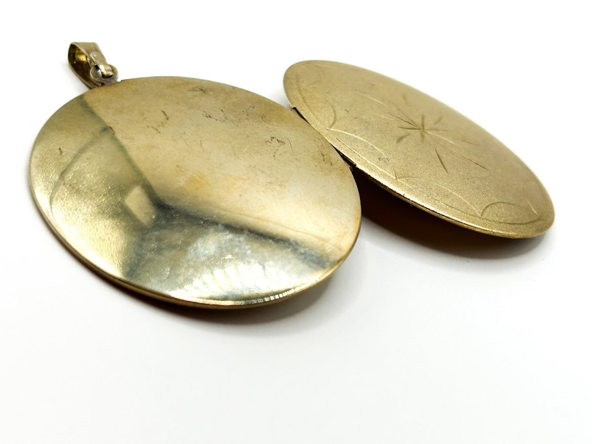 Vintage Gold Tone Oval Photo Locket Pendant Large Etched Starburst 6cm
