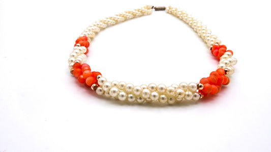 Vintage Angel Skin and Faux Pearl Necklace - Coral, Cream, Beaded
