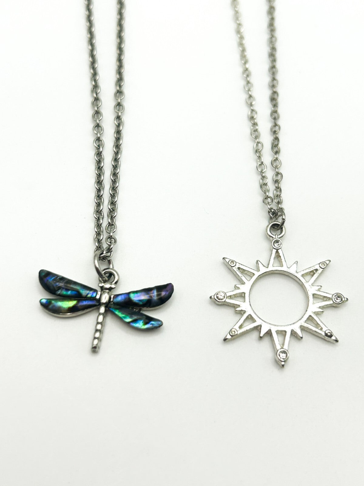 Silver Tone Pendant Necklace Bundle Dragonfly Sun Leaf Gemstone x5