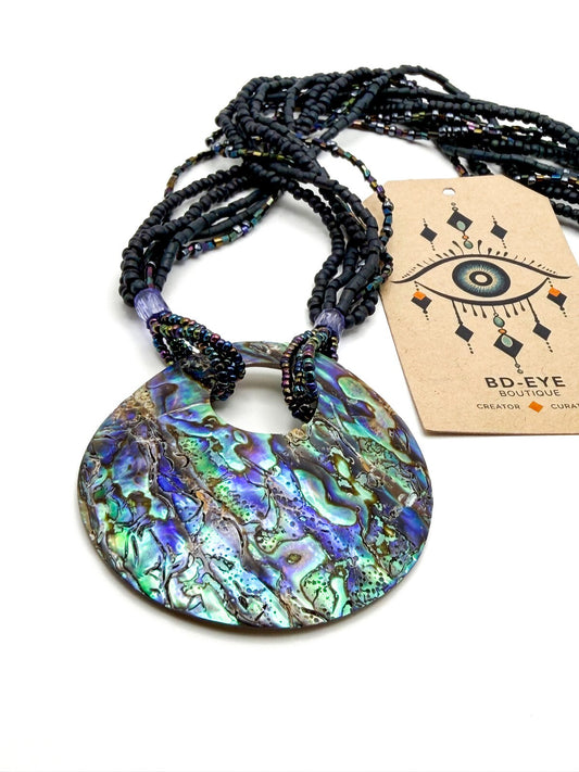 Vintage Paua Abalone Shell Donut Pendant Necklace - Beach Surf Summer