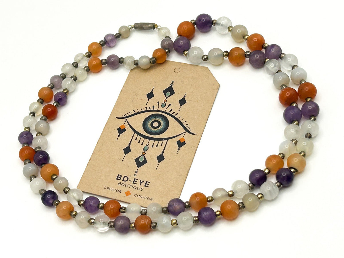 Vintage Carnelian, Amethyst & Quartz Gemstone Bead Necklace – 15” Orange Purple