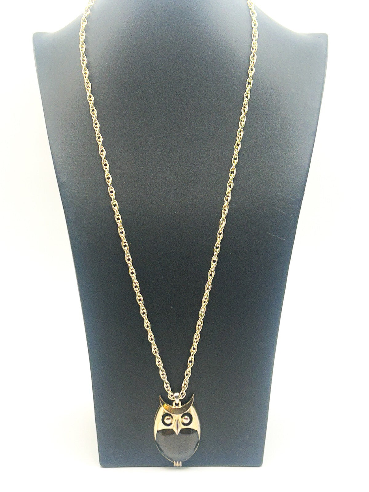Gold Tone Owl Pendant Necklace with Brown Shimmer Enamel Belly
